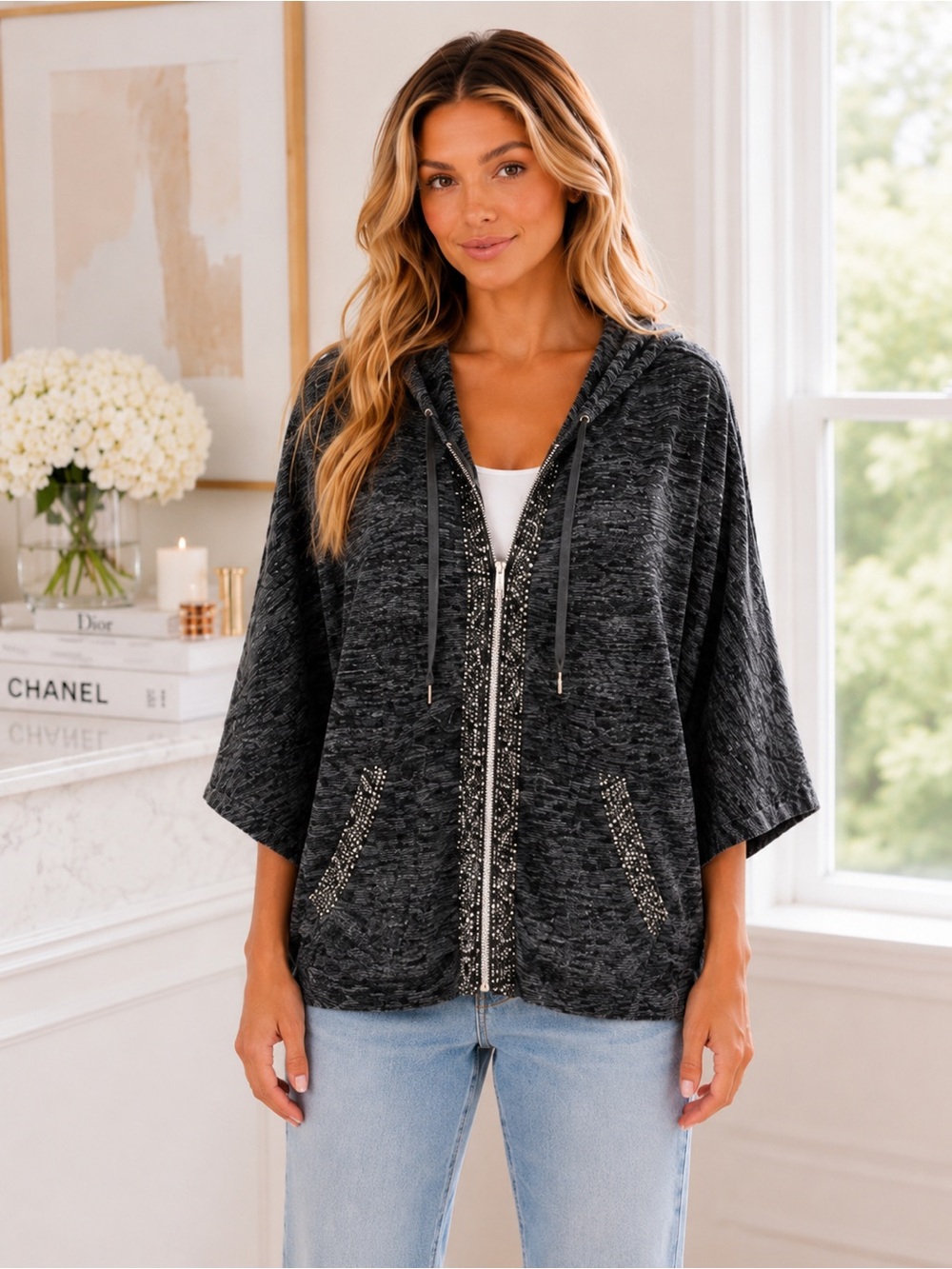 Juicy Couture Gray Hooded Zip Jacket Sequin Trim Y2K Glam Lounge Hoodie NWT M